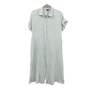 Ann Taylor Women Size Medium Dress Button Down Short Sleeve Green Stripe Linen